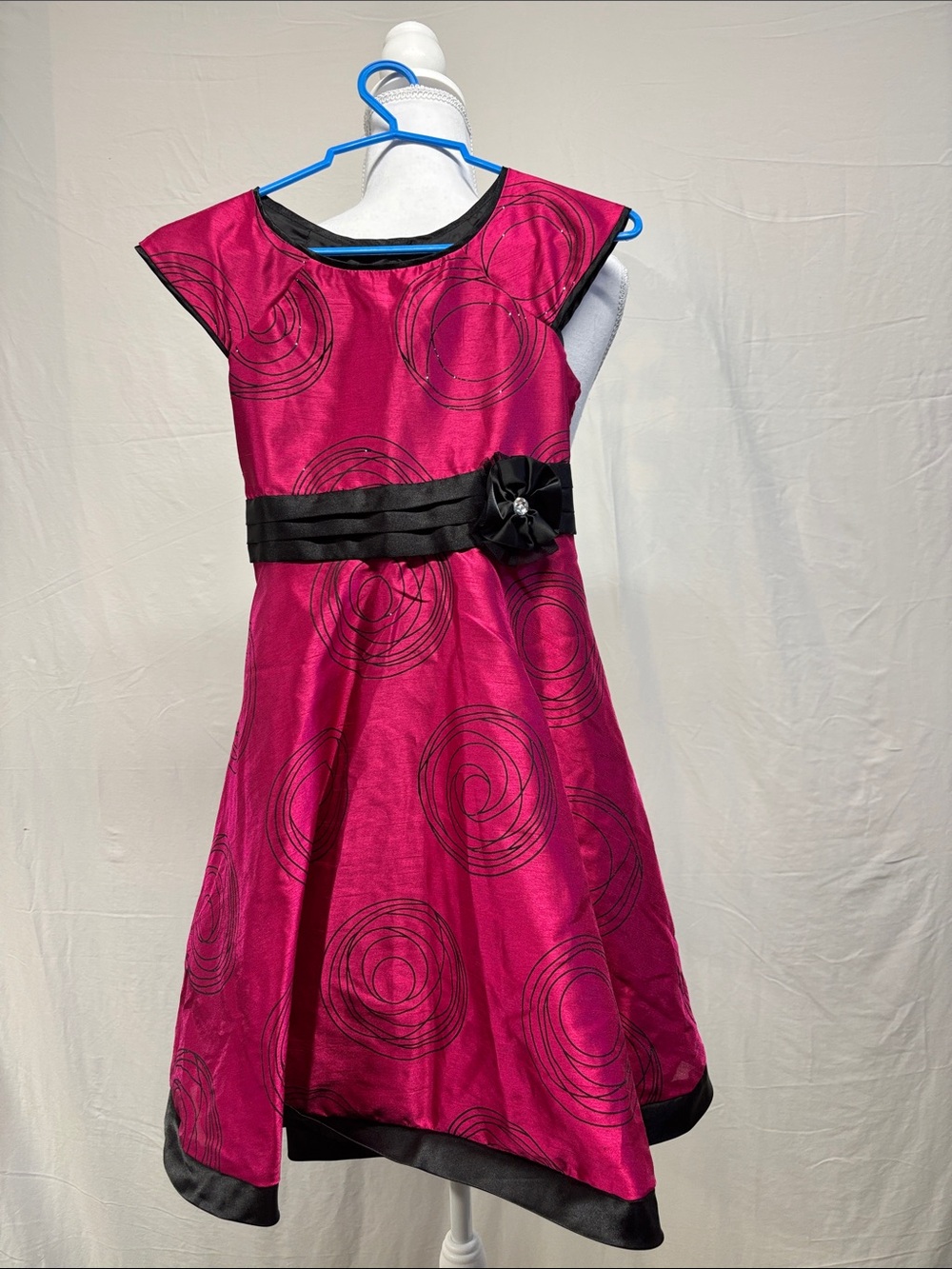 Jona Michelle Fuchsia Dress with Black Sash and Floral Accent
